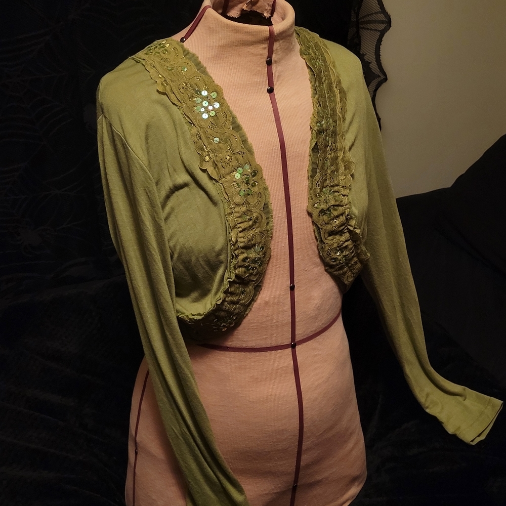 Vtg Y2K Harley Davidson olive green sequins lace long sleeve bolero shrug L NWT - Picture 15 of 16